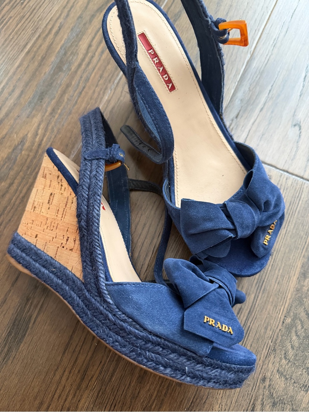 Prada Blue Suede Bow Wedge Sandals
